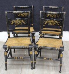 Set Of 4 Antique Hitchcock Style Wood Spindle Chairs With Rush Seats