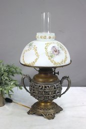 Vintage Ornate Fretwork & Hand Painted White Milk Glass Electrified B & H Oil Lamp Table Lamp