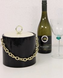 MCM Black & White Ice Bucket With Goldtone Finial And Chain Handle