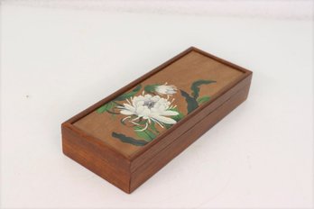 Lined Long Walnut Box With Hand-Painted Floral Top