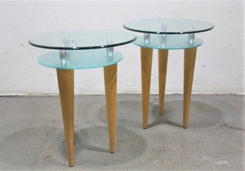 Clear And Frosted Glass Disc Side Tables On Three Large Wooden Pin Legs