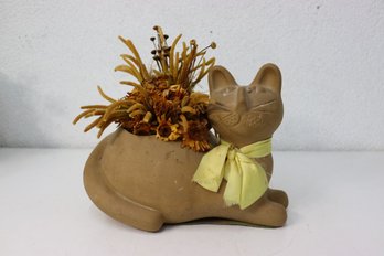 Terra Cotta Kitty With Artificial Dried Flower Arrangement Statuette