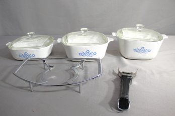 Vintage Corning Ware Blue Cornflower Casserole Set With Glass Lids, Cradle, And Handle