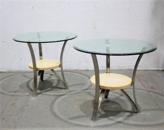 Pair Of Glass And Wood Side Tables On Brushed Metal Tripod Bases