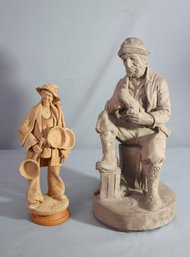 Plaster Fisherman Figurine And Terra Cotta Tin Pan Man Figurine