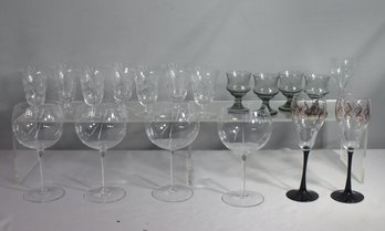 Group Lot Of Mixed Wine And Liquour Stemmed Glasses