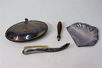 Group Lot Of Antique Silverplate Silent Butler, Crumb Tray, And Brush