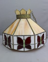 Vtg Leaded Stained Slag Textured Glass Hanging Lamp With Butterfly