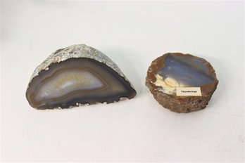 Two Spilt And Polished Agate Crystal Half Domes,  One Labeled Thunderegg