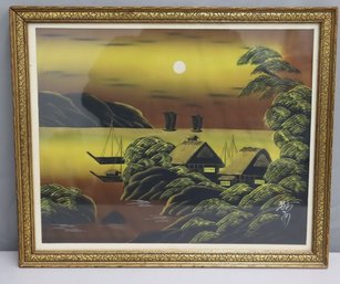Chinese Original Acrylic On Silk Seascape View Landscape Painting, Signed By Artist