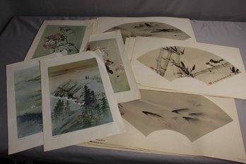 Group Lot Of Vintage  Asian Fan Painting Reproductions And Floral Landscape Repros