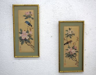 'Pair Of Vintage Asian Botanical Paintings With Birds In Bamboo-Style Frames'