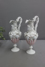 Pair Of Neoclassical Italian Parian Pink And White Porcelain Ewers Urns Garnitures