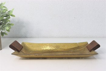 Vintage Gold Metallic Bamboo Decorated Colored Glass Tray With Teak Wood Handles