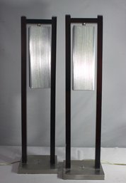 A Pair Of Shimmer Shade Wooden Trestle Lamps