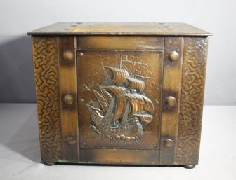 Antique Copper Coal Scuttle Box With Ship Motif