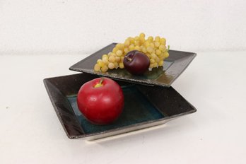 Two Japanese  Style Ceramic Squared Dishes With Texture Tricolor Glaze