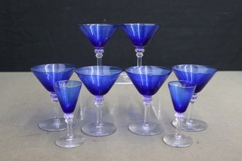 Group Lot Of 8 Cobalt Blue Bauble Stem Martini And Cordial Glasses, Varied Sizes