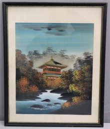 Reproduction Color Print Japanese Mountain Temple And Creek