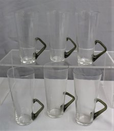 Set Of 6 Glass With Applied Gray Green Handle By MCM Barware. Vtg