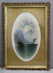 Windy Seascape Water Color In Golden Oval Mat Signed By Artist In Pierced Reticulated Frame