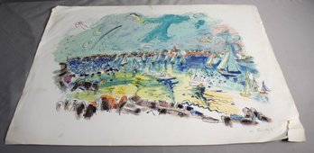 Boats At Harbor By Wayne Ensrud Limited Edition Color Lithograph  1980 Signed   #145/300