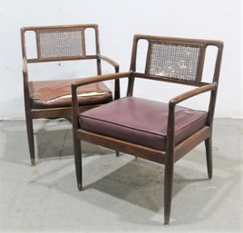 Pair MCM Walnut And Cane Triple Square Arm Chairs