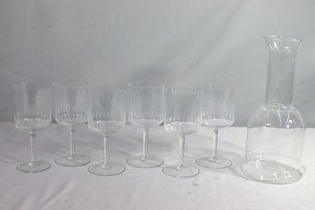 Six Ribbed Barrel Wine Glasses & Ring Bottom Decanter With A Dansk Wooden Stopper