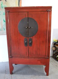 Traditional Chinese Red Lacquer Cabinet With Circular Hardware