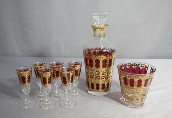 Mid-Century Modern Culver Glassware Set With Gold And Ruby Red Overlay