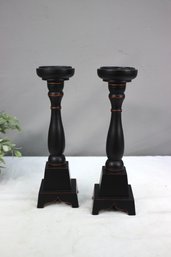 Vintage Black/Red Stripe Turned Wood Baluster Pillar Candleholders