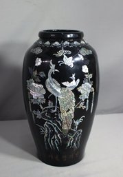 Vintage Chinese Mother Of Pearl Relief Black Vase