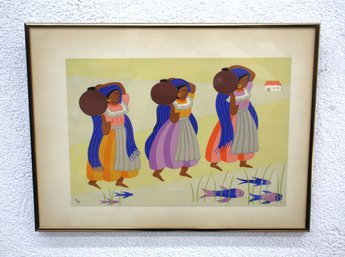 'Framed Elma Pratt Print Of Mexican Women Carrying Patamba Jugs, Signed'