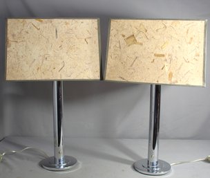 Pair Of Modern Chrome Table Lamps With Cork Like Shades