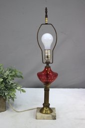 Vintage Etched Cranberry Glass Table Lamp On White Onyx Base