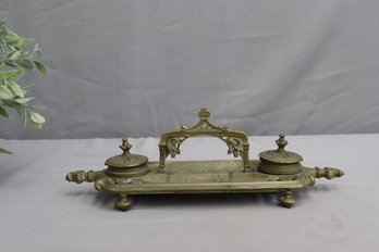 Heavy Brass Double Inkwell With Pen Holder