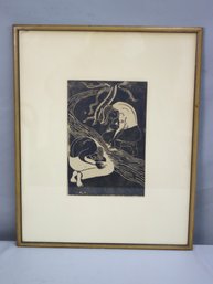 Vintage Original Lino-Cut Print Signed A.k. In Subtle Elegant Frame