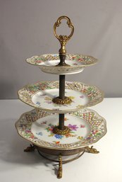 Three Tier Vintage Schumann Bavaria Dresden On Brass Base Dessert Stand