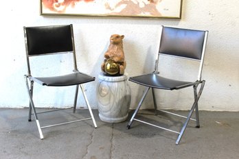 Pair Of 1970's  EYREL Folding Chairs In Chromed Metal And Faux  Leather