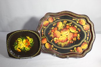 Set Of 2 Hand-Painted Russian Floral Tin Trays