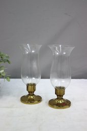 Two Brass-tone Base Footed Glass Hurricane Globes