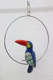 Painted Mexican Ceramic Blu Toucan On Hanging Brass Ring