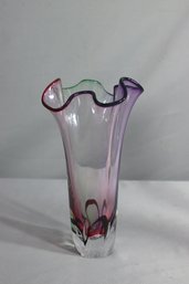 Studio Art Glass Hand Blown Violet Tint Ribbon Ruffle Vase