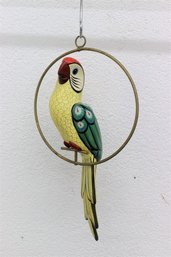 Painted Mexican Ceramic Parrot On Hanging Brass Ring