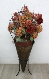 Ample Grouping Of Artificial Hydrangeas In Funneled Painted Metal Standing Planter