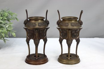 Two Vintage Chinese Brass Incense Burners (tops Of Both Are Missing)