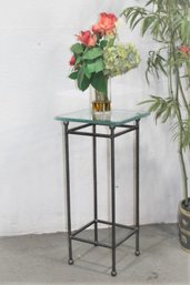 Cast Iron Rod And Ball Column Plant Stand With Thick Textured, Frosted  Edge Glass