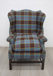 Vintage Blue Tartan Plaid Wing Back Arm Chair