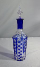 Vintage Thumbprint And Cube Blue On Clear Decanter With Spire Finial