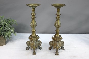 Two Baroque Style Tall Three-Footed Brass  Candlesticks